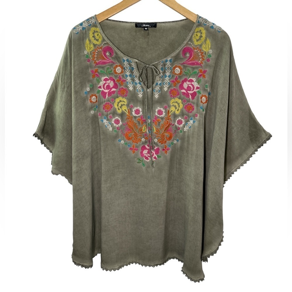 Andree by Unit Embroidered Poncho Rounded Hem Tie Front Tunic